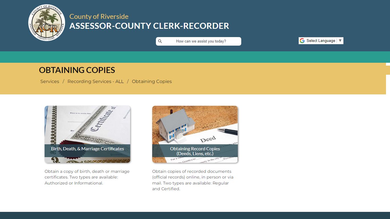 Riverside County Assessor - County Clerk - Recorder - Obtaining Copies